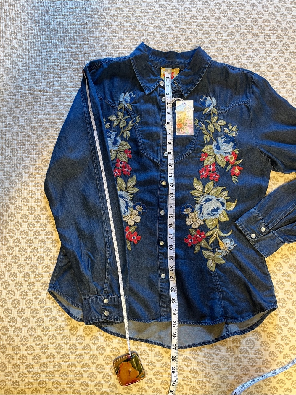 Johnny Was Hannah Denim Shirt with Multicolor Floral Embroidery - Blue - Picture 10 of 12